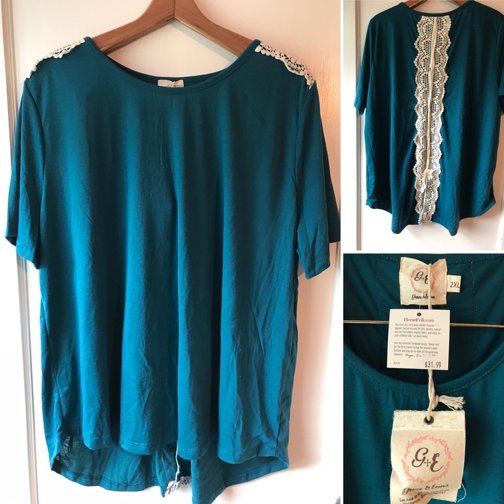 Teal Top with Crochet Lace Shoulder & Back Detail